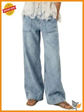 100% Cotton Wide Leg Pull On Jeans Baggy Oversized Pockets Y2K Denim Pants